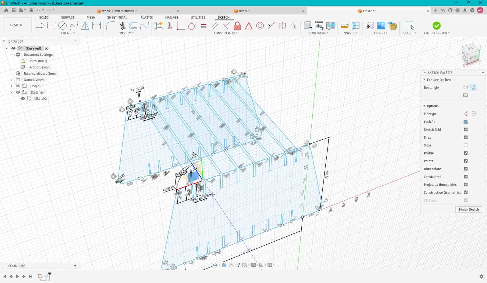 Rectangles were drawn to connect the faces where the cardboard panels would be inserted. In Sheet Metal > Create > Flange, the faces were selected and the material thickness was assigned using a parametric value.